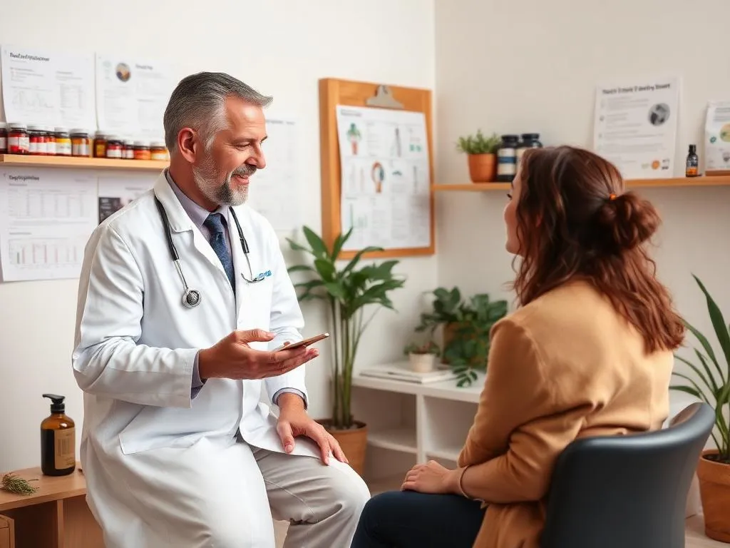 Functional medicine practitioner consulting with patient in modern holistic clinic, demonstrating personalized integrative care
