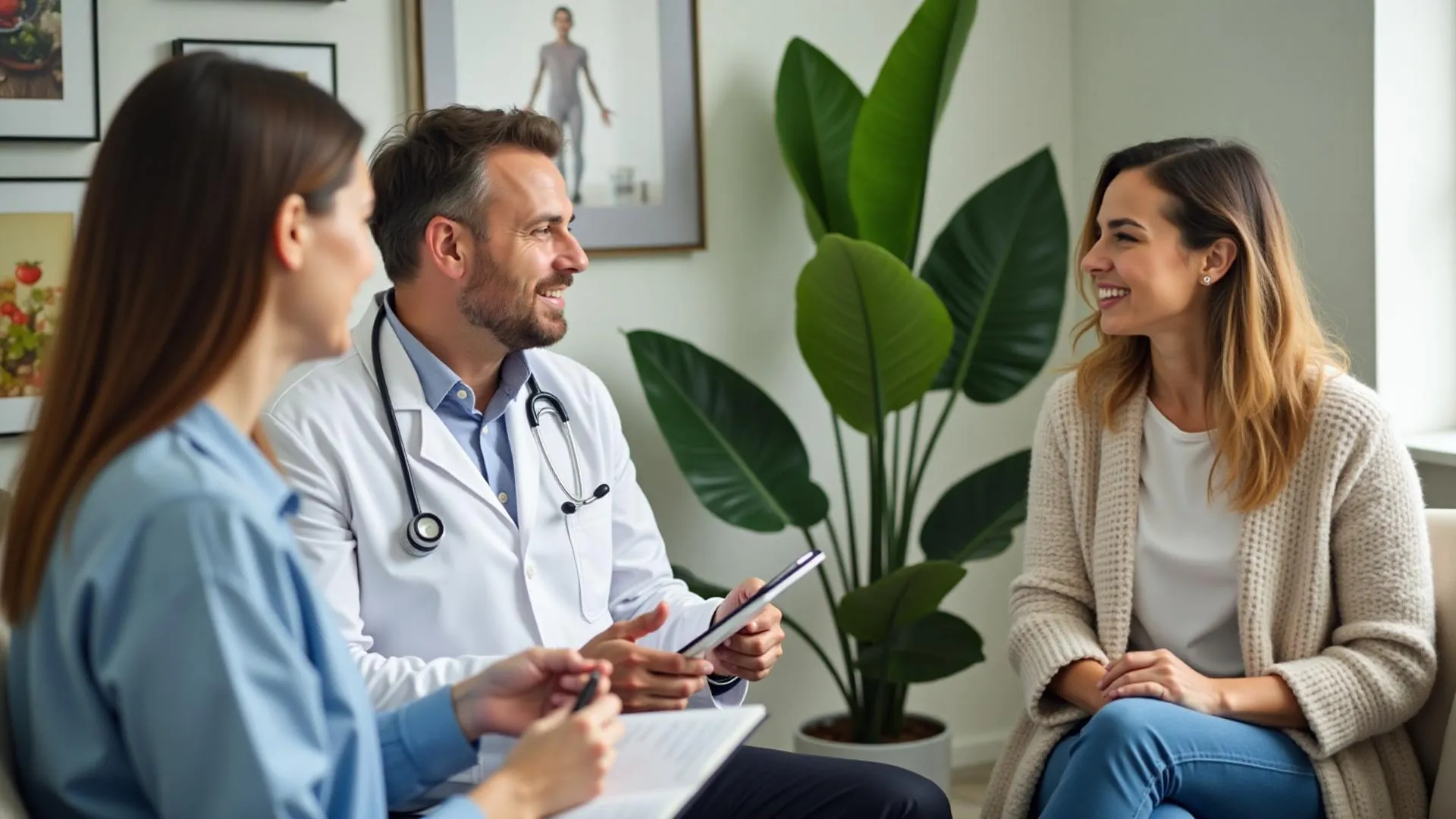 Functional medicine practitioner consulting with patient in modern holistic clinic, demonstrating personalized integrative care