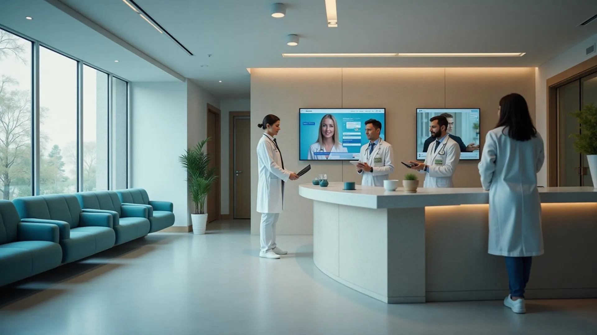 Modern hormone therapy clinic reception with digital appointment system reducing patient no-shows