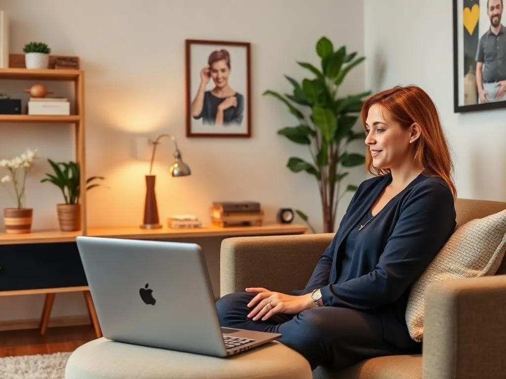 Therapist working on laptop, creating HIPAA-compliant blog content for mental health practice