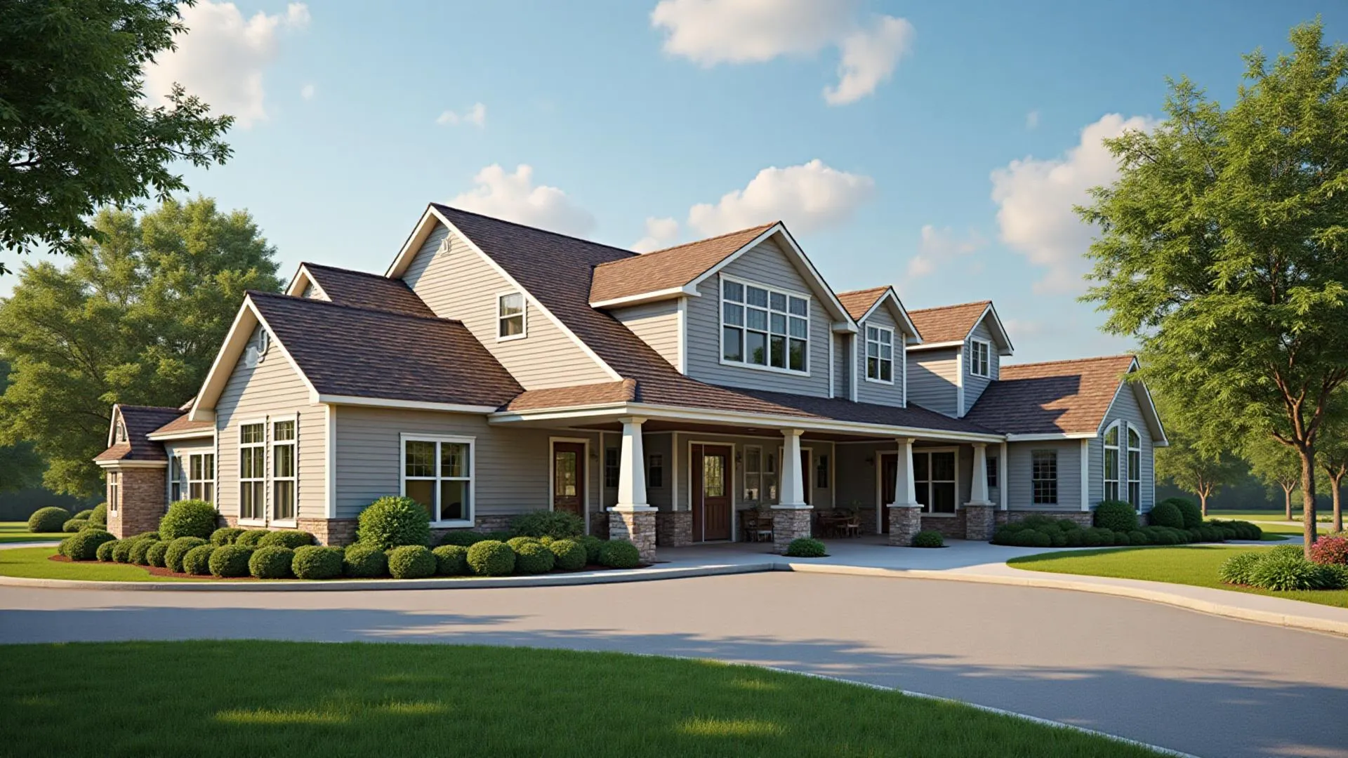 Welcoming senior living community in small American city showcasing local presence and community integration